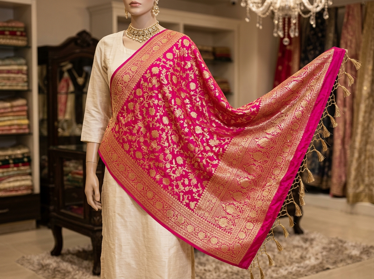 Banarasi Brocade Silk Dupatta with Gold Zari