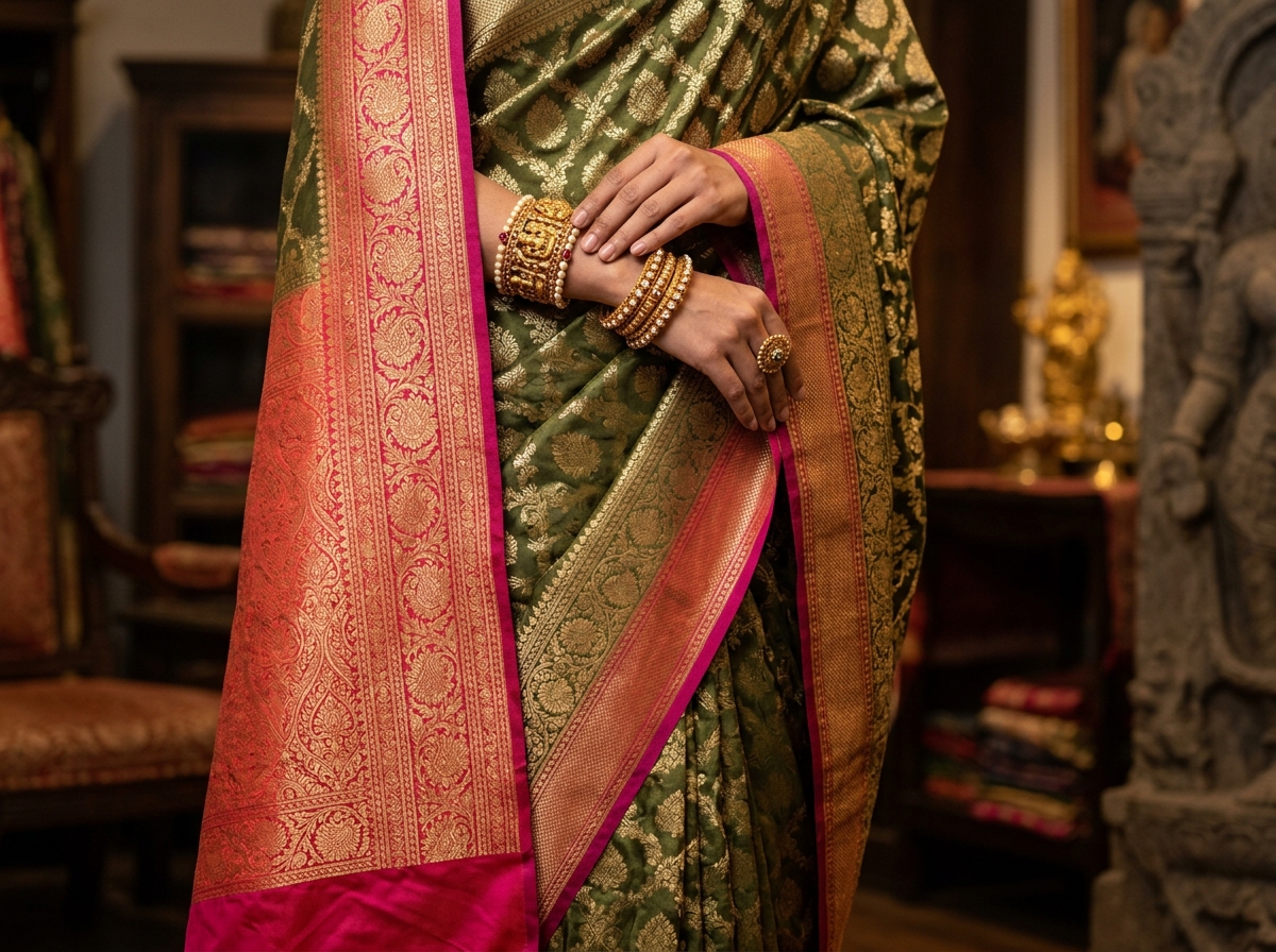 Olive Green and Gold Banarasi Silk Saree